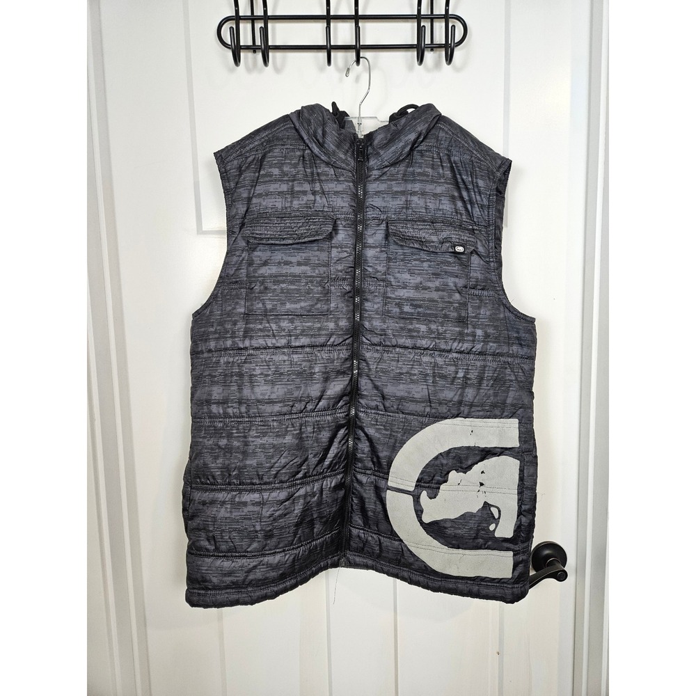 Ecko Unltd Mens Hooded Puffer Vest Grey Black Glitch Print Rhino Logo Streetwear